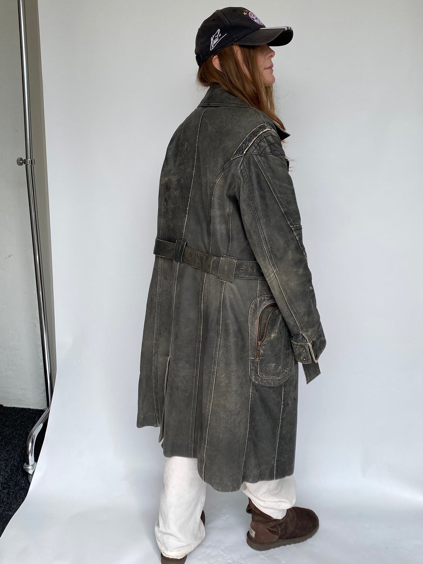 Arma long leather grey jacket