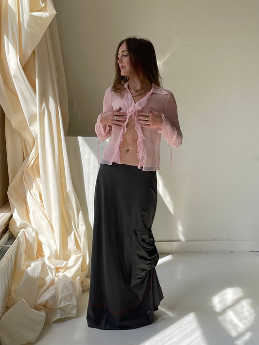 Mesh ruffle pink blouse