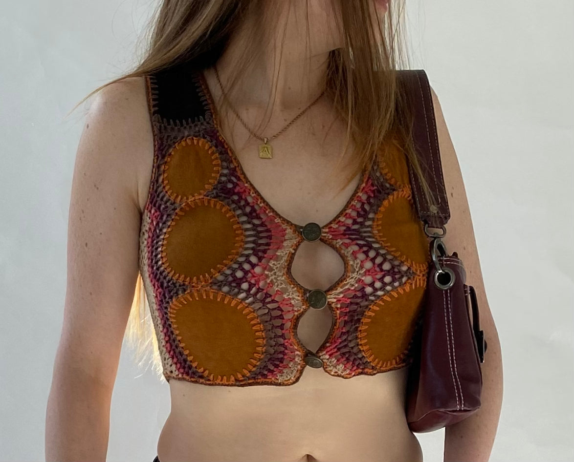 Cropped leather crochet gilet
