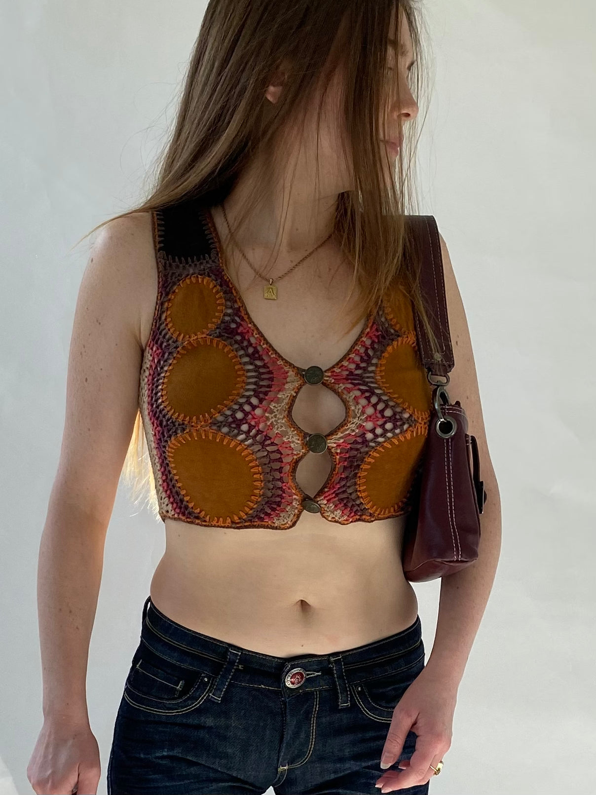 Cropped leather crochet gilet