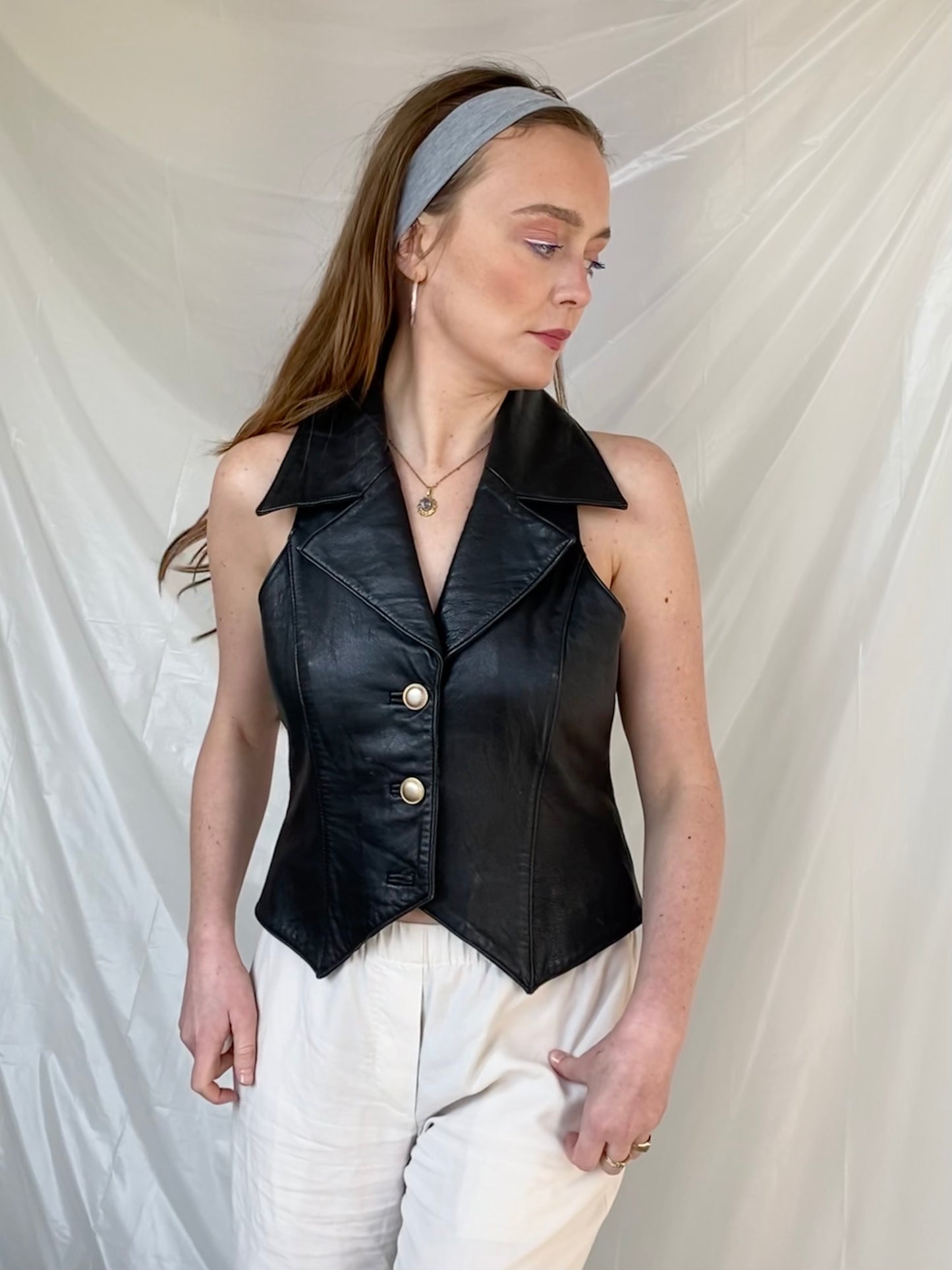vintage leather fitted gilet