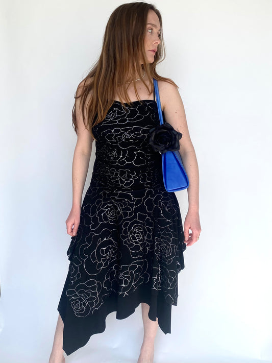 handkerchief hemline flower glitter dress