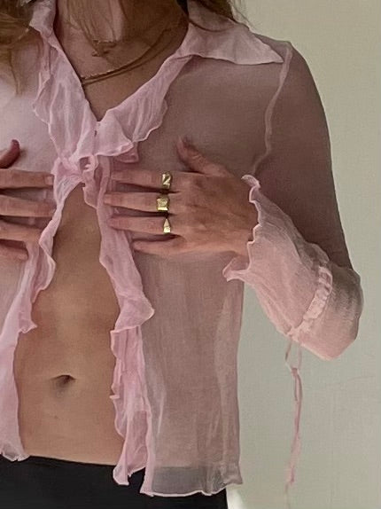 Mesh ruffle pink blouse