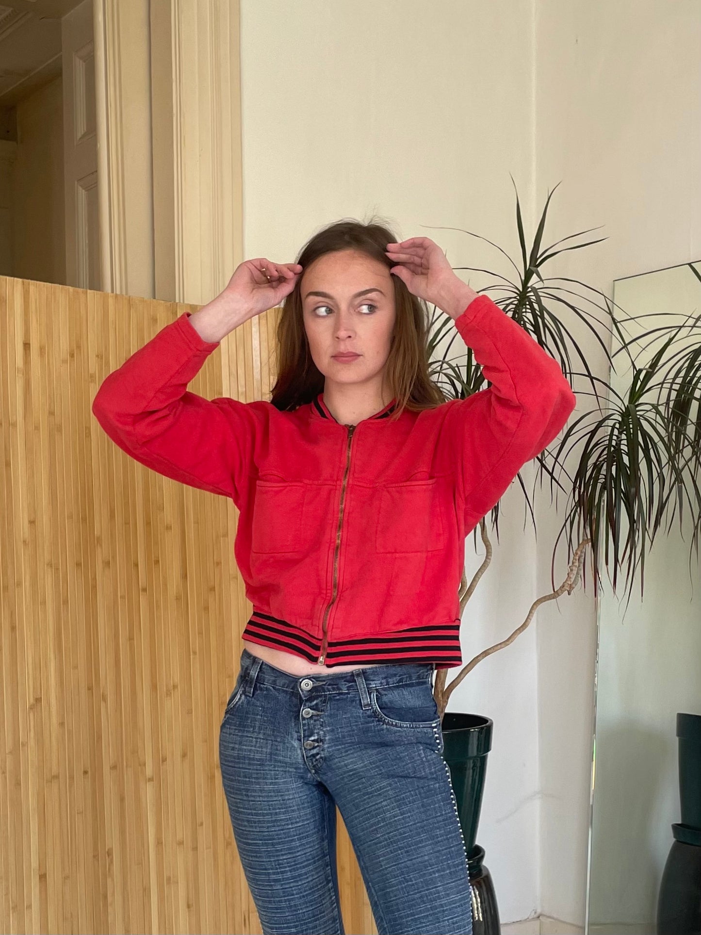 Red black striped bomber cardigan