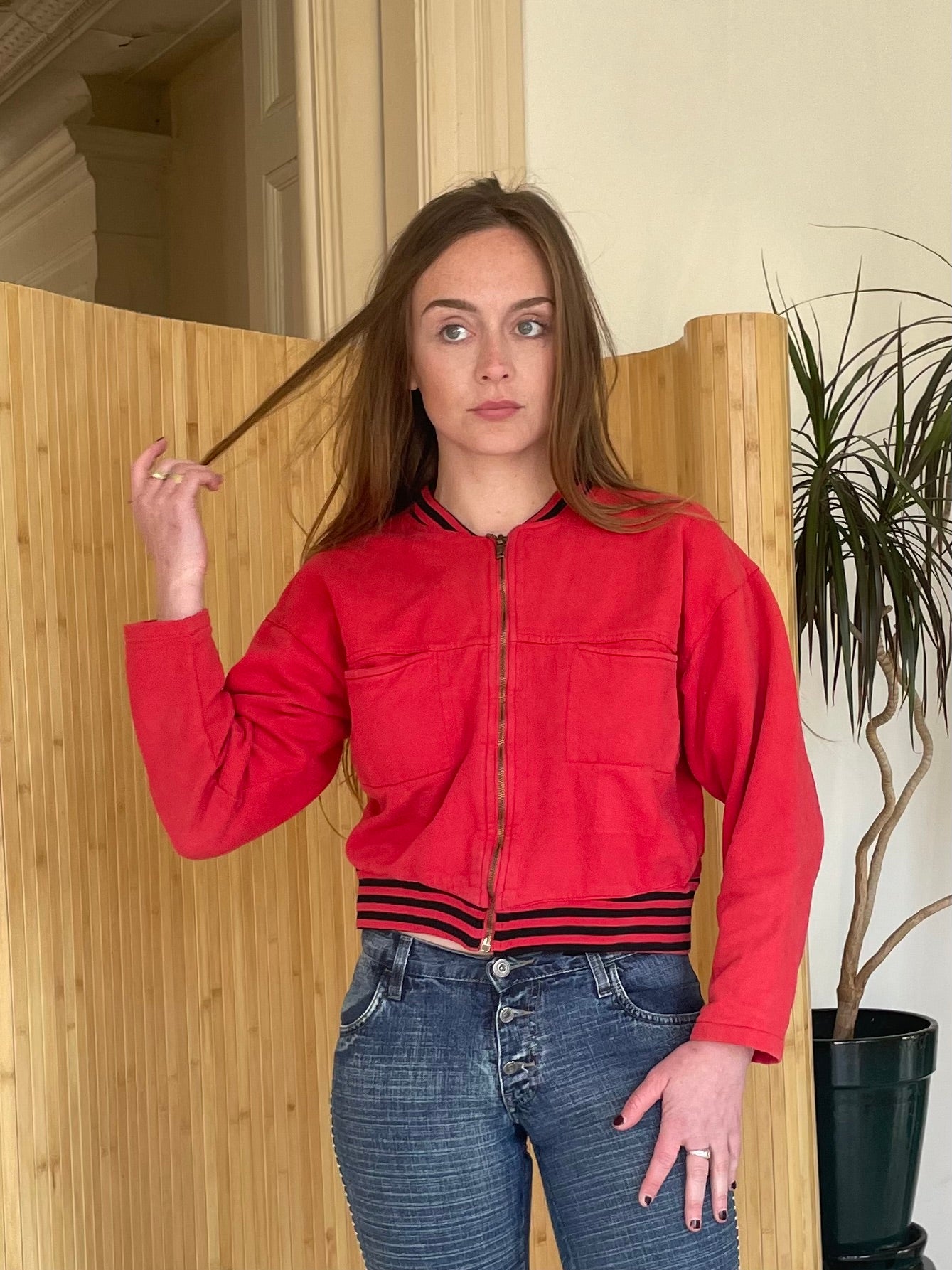 Red black striped bomber cardigan