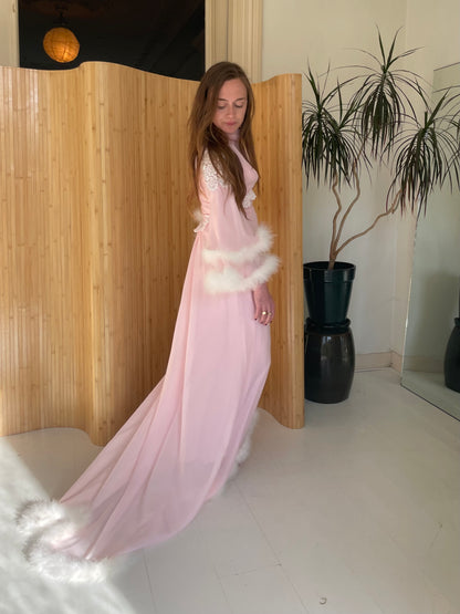 Pink feather trimmed gown with train