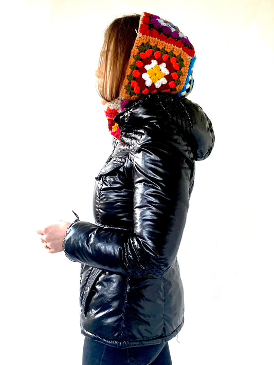 Glossy patent leather puffer jacket