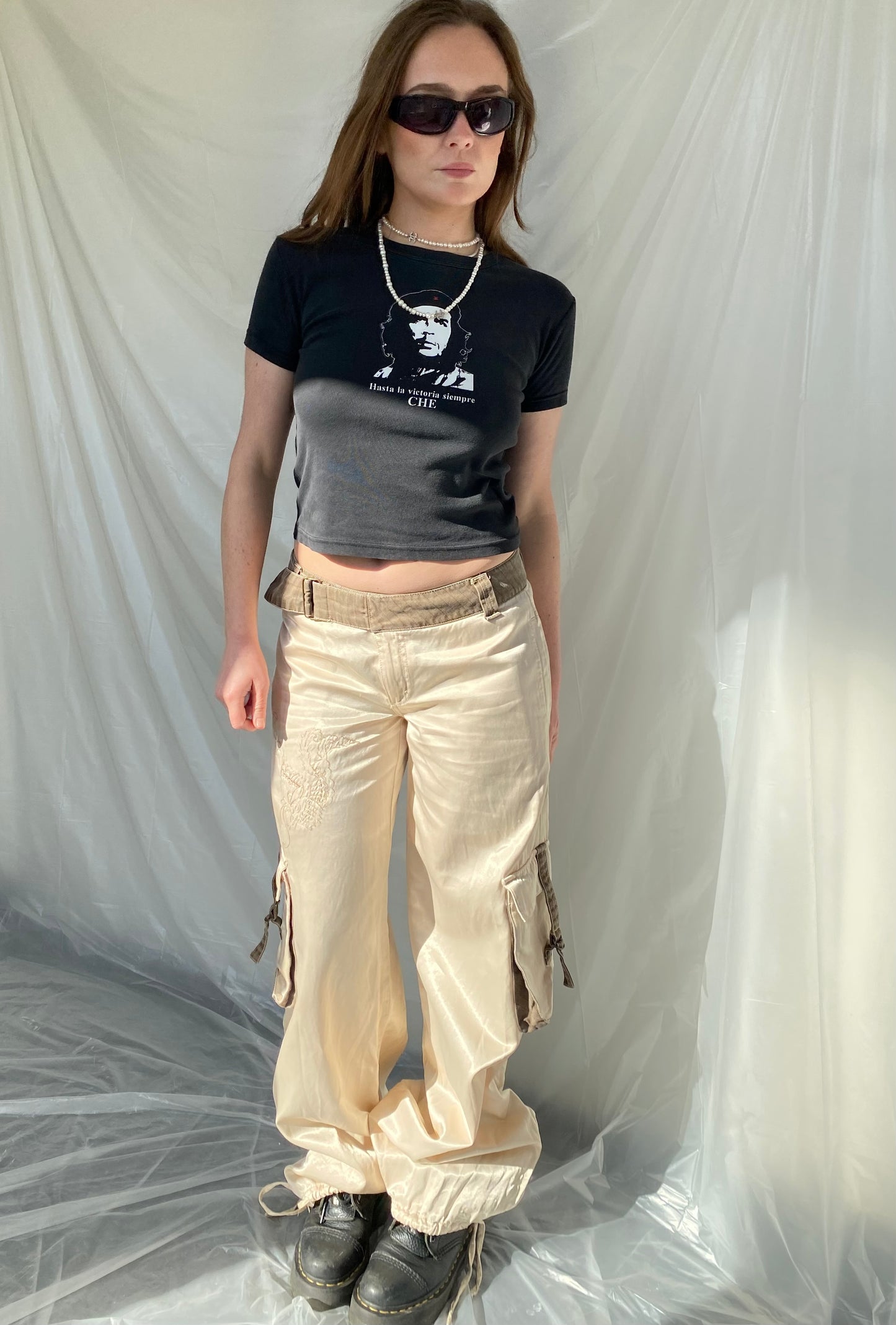 Satin cream cargo trousers