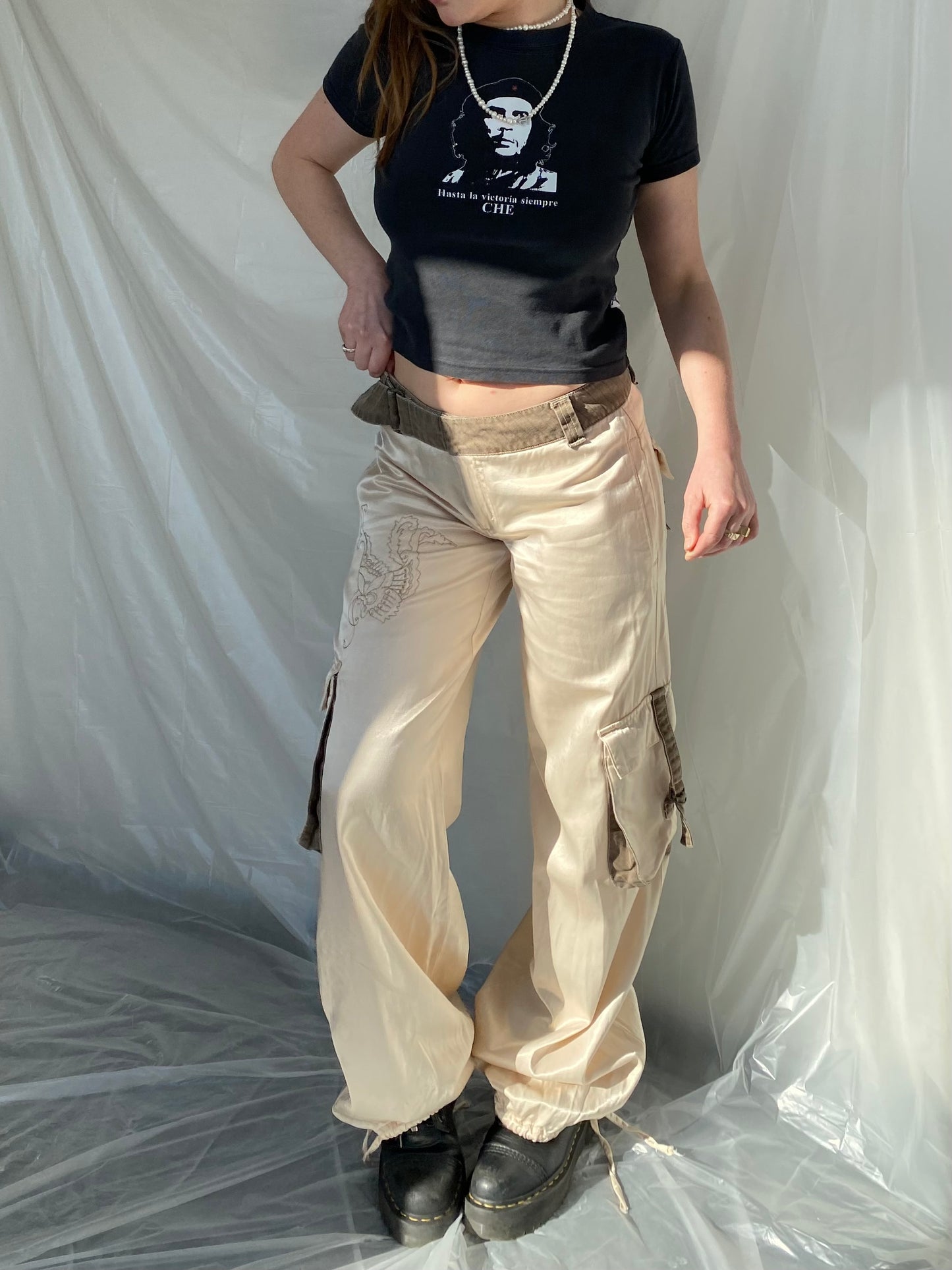 Satin cream cargo trousers