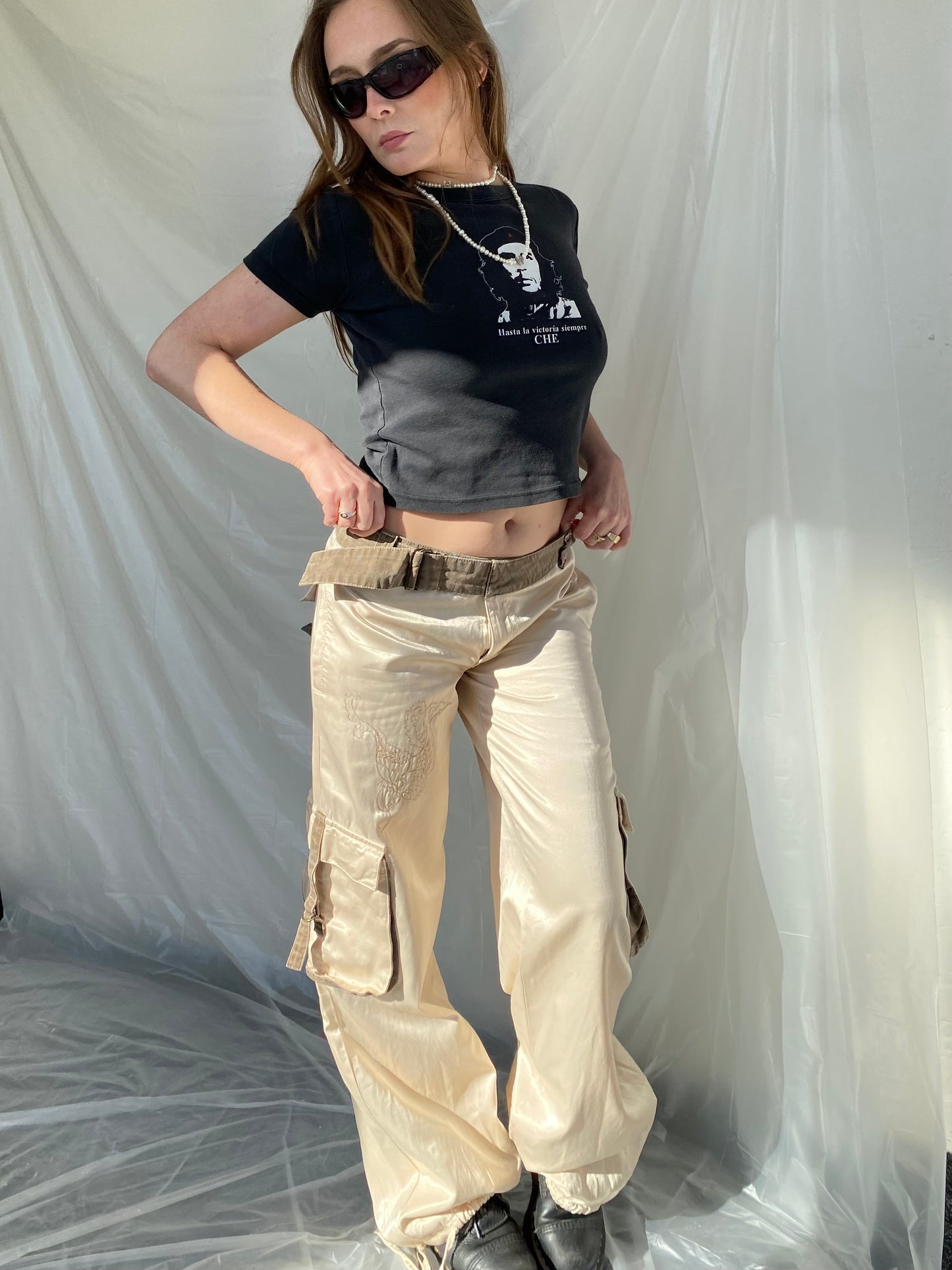 Satin cream cargo trousers